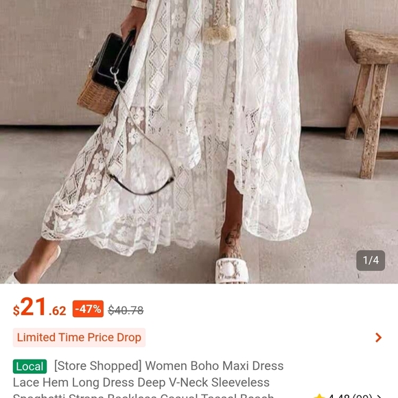 Ivory Lace Midi Dress with V-Neck and Tassel Detail - Picture 4 of 5